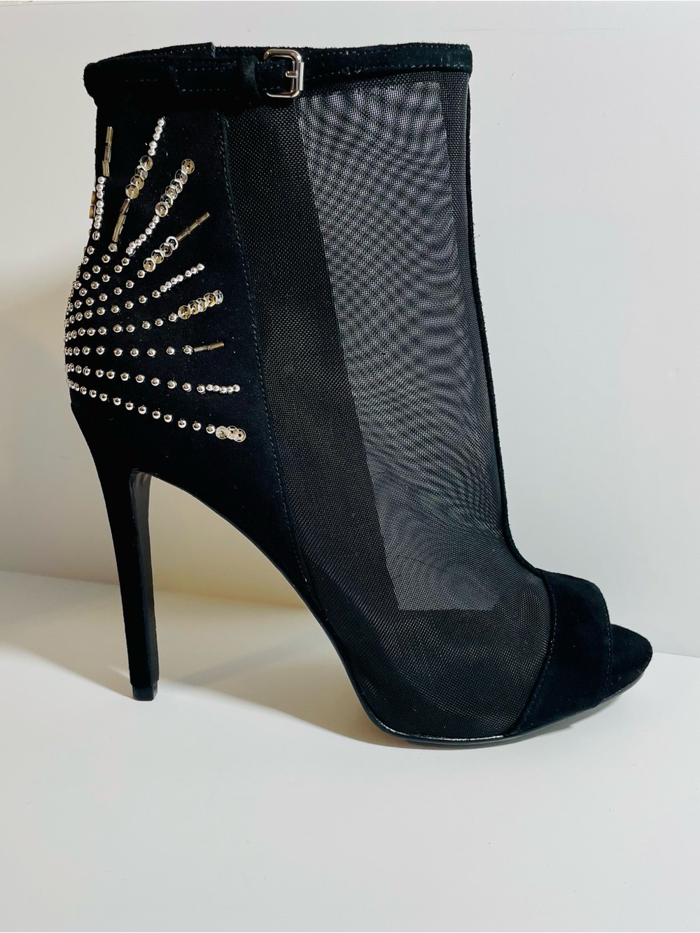 GUESS Mesh Peep-Toe Stiletto Booties with Crystal Accent